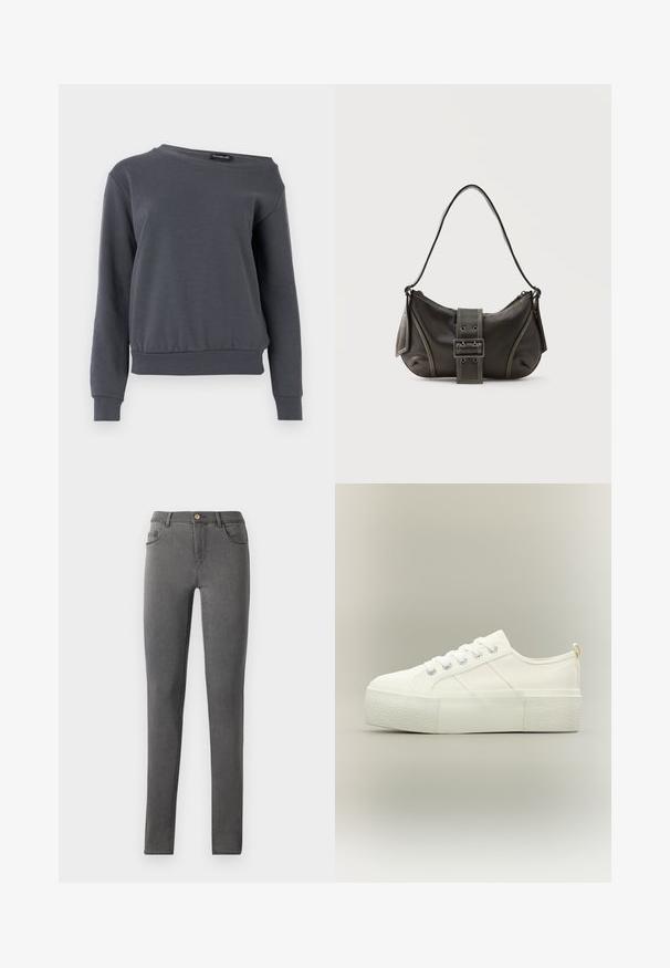 Grå sweatshirt lavet af blødt materiale, med rund hals, lange ærmer og en let indsnævret kant med ribbede manchetter og talje.; Grå denim skinny jeans med en tætsiddende pasform, fem lomme stil og en enkelt metalknaplukning i taljen.; Hvid platform sneaker med tyk struktureret sål, snørelukning foran og subtile syningsdetaljer på en neutral baggrund.; Sort læder skuldertaske med spænde på remmen, afrundede kanter og kontrasterende hvide syninger på en ensfarvet baggrund.