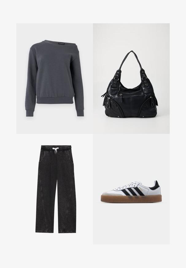 Sweatshirt gris en tissu doux, doté d'un col rond, de manches longues et d'un ourlet légèrement court avec des poignets et une taille côtelés.; Pantalons noirs à jambes larges en tissu texturé. Comprend une taille élastique avec un cordon blanc et des poches avant avec des coutures diagonales.; Baskets en cuir blanc avec des rayures noires, semelle extérieure en caoutchouc beige, bout rond, fermeture lacée et embout en suède gris doux.; Sac à main en cuir noir avec double anses, poches zippées à l'avant et détails en rivets métalliques, sur un fond clair et uni.