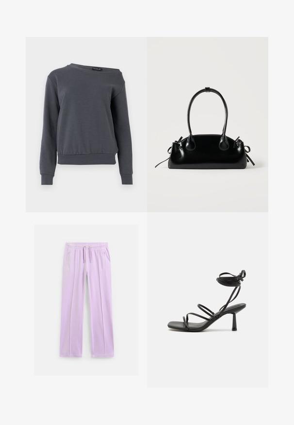 Grå sweatshirt lavet af blødt materiale, med rund hals, lange ærmer og en let indsnævret kant med ribbede manchetter og talje.; Lyse lilla sweatpants med lige ben, elastisk talje, justerbare snore og lynlåslommer i siderne.; Sort strappy sandal med firkantet tå, justerbare ankelbind og en slank, blokhæl. Fremstillet af et glat, holdbart materiale.; Lille sort blank håndtaske med to lange håndtag og snøre-detaljer i siden på en ensfarvet lys baggrund.