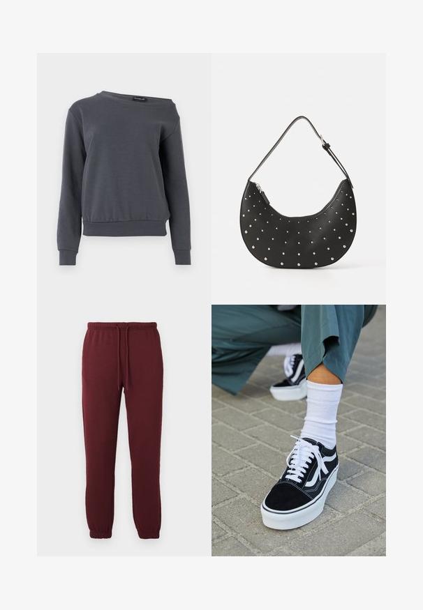 Grijze sweatshirt gemaakt van zacht materiaal, met een ronde hals, lange mouwen en een iets verkorte zoom met geribbelde manchetten en tailleband.; Bordeaux joggerbroeken met elastische tailleband, trekkoord, zijzakken en elastische boorden op een effen witte achtergrond.; Zwarte suède sneaker met witte accenten en veters, uitgerust met een dikke witte zool en contrasterende stiksels, gecombineerd met een witte sok.; Zwarte leren handtas met een gebogen vorm, versierd met zilveren studs, voorzien van een ritssluiting en een enkele verstelbare schouderband.