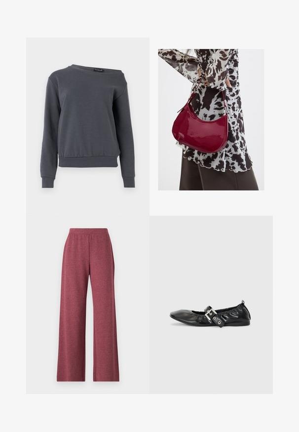 Sweatshirt gris en tissu doux, doté d'un col rond, de manches longues et d'un ourlet légèrement court avec des poignets et une taille côtelés.; Pantalons larges bordeaux en tissu doux et texturé, dotés d'une taille élastique et d'un design ample et fluide.; Chaussure plate en cuir noir avec un nez pointu, des détails froncés autour de l'ouverture et un accent en boucle argentée sur la bride ajustable.; Femme portant un chemisier à motif noir et blanc tenant un sac à main rouge brillant sur un fond uni.