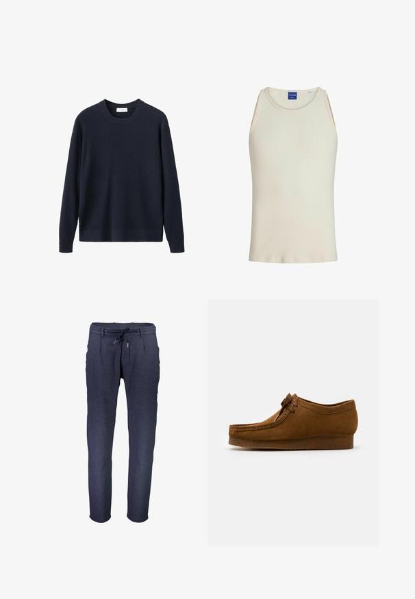 Marineblå ribstrikket sweater med lange ærmer og rund halsudskæring. Glat tekstur og lige skåret kant, velegnet til lag-på-lag eller til hverdag.; Lys beige ribbet tanktop med rund halsudskæring og brede skulderstropper. Blød stoftekstur for komfort og åndbarhed.; Mørkeblå, tapered bukser lavet af struktureret stof, med en elastisk talje med justerbar snøre og sidelommer.; Brune ruskind sko med rund tå og lav hæl, detaljeret syning langs sømmene og snørelukning fortil. Blød tekstur med strømlinet design.