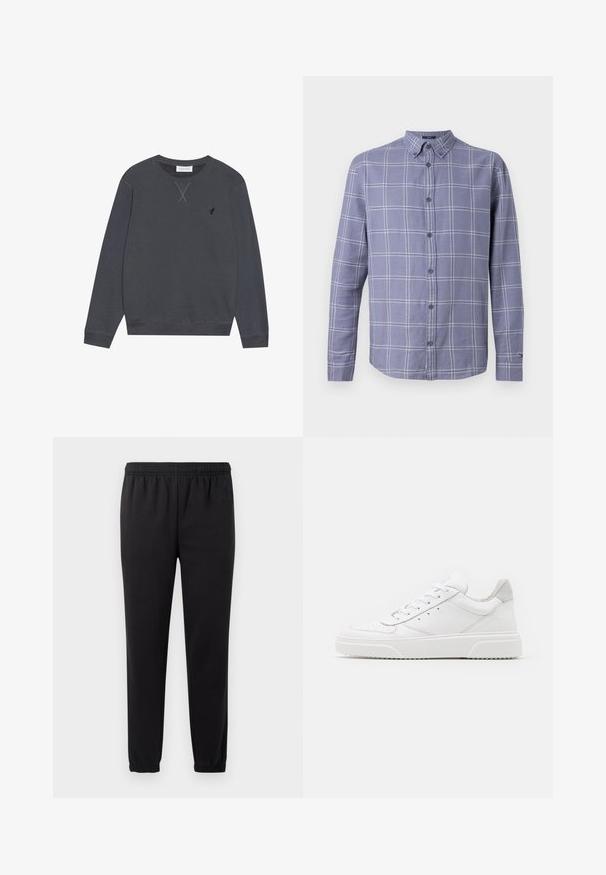 Tmav gray mikina, bavlnený materiál, okrúhly výstrih, dlhé rukávy, s X-štepovaním detail na výstrihu, malé logo na ľavej hrudi.; Košeľa s dlhými rukávmi a zapínaním na gombíky v mäkkej fialovej tkanine s bielym kockovaným vzorom. Má golier so zapínaním na gombíky a manžety.; Čierne tepláky s elastickým pásom, zúženými nohavicami a textúrovanou tkaninou. Obsahuje diskrétny logo detail na ľavej strane.; Biele kožené tenisky s hladkým povrchom, zaoblenou špičkou, plochými šnúrkami a textúrovanou podrážkou. Sivý semišový akcent na päte.