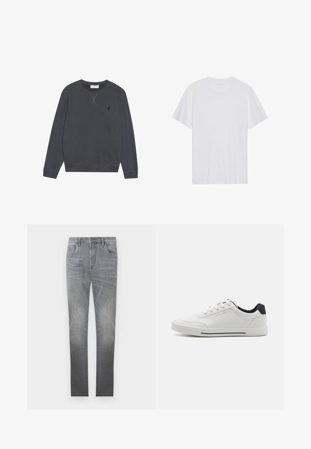 Dunkelgrauer Sweatshirt, Baumwollmaterial, Rundhalsausschnitt, lange Ärmel, mit X-Nähten am Ausschnitt, kleines Logo auf der linken Brust.; Weißes Baumwoll-T-Shirt mit kurzen Ärmeln, Rundhalsausschnitt und glatter Textur. Verfügt über eine minimale Markenkennzeichnung am Halsausschnitt.; Graue Jeans aus Denim mit einem ausgebleichten Design, fünf Taschen, Knopfverschluss und geradem Schnitt. Sanfte Textur mit leichtem Verschleiß an den Kanten.; Weiße Sneakers mit einem glatten synthetischen Obermaterial, runder Spitze, Schnürdesign, marineblauem Akzent an der Ferse und einer strukturierten Gummisohle mit einem schwarzen Streifen.