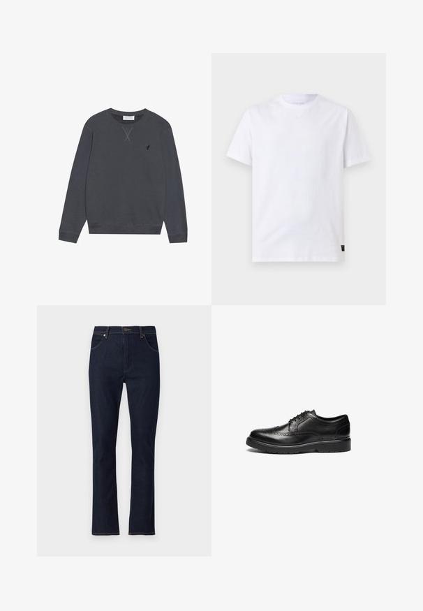 Sudadera de color gris oscuro, material de algodón, cuello redondo, mangas largas, presenta un detalle de costura en forma de X en el escote, pequeño logotipo en el lado izquierdo del pecho.; Camiseta blanca lisa de manga corta con cuello redondo y una pequeña etiqueta negra de cuidado en el bajo, sobre un fondo gris claro.; Vaqueros azul oscuro de corte recto, con bolsillos delanteros, trabillas para cinturón y cierre de botón.; Zapato de vestir de cuero negro con detalles de brogue, punta redondeada y suela texturizada. Presenta un cordón clásico y un tacón robusto para mayor soporte.