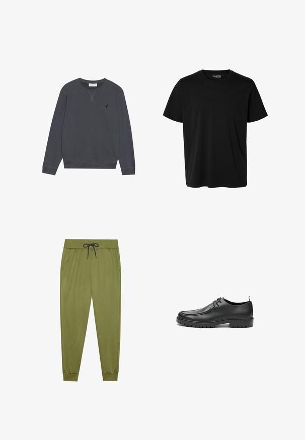 Tumehall sweatshirt, puuvillane materjal, ümardatud krae, pikad varrukad, kaelaosaga X-õmblusdetail, väike logo vasakul rinnal.; Lihtne musta värvi lühikeste varrukatega ümara kaelusega meeste lõikega t-särk, esiküljel nähtavate mustrite või logodeta.; Olivroheline dressipüksid elastse vöökoha, musta nööriga, küljetaskute ja soonikute sääreotsades. Sile tekstuur.; Mustad musta nahast kingad sileda viimistlusega, ümarate varvastega ja dekoratiivse õmblusega. Omavad kummitalda koos haardevägede ja nöörimiskujundusega.