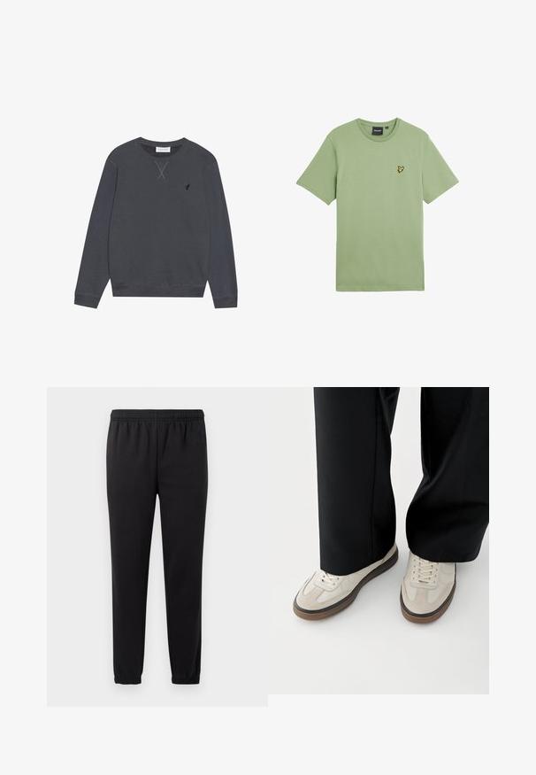 Dunkelgrauer Sweatshirt, Baumwollmaterial, Rundhalsausschnitt, lange Ärmel, mit X-Nähten am Ausschnitt, kleines Logo auf der linken Brust.; Grünes T-Shirt mit kurzen Ärmeln aus glattem Stoff, mit einem kleinen gelben Vogel-Logo auf der linken Brustseite. Rundhalsausschnitt.; Schwarze Jogginghose mit elastischem Bund, schmal zulaufenden Beinen und strukturiertem Stoff. Verfügt über ein dezentes Logo-Detail auf der linken Seite.; Füße mit beigen Sneakers mit braunen Sohlen und schwarzen Hosen mit weitem Bein auf weißem Hintergrund.
