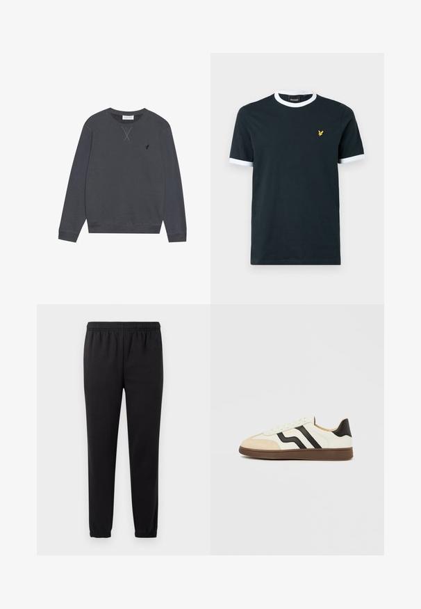 Donkergrijze sweatshirt, van katoen, met ronde hals, lange mouwen, heeft X-stiksel-details op de halslijn, klein logo op de linkerborst.; Marineblauw katoenen T-shirt met witte geribde kraag en mouwranden. Wordt gekenmerkt door een klein geel geborduurd logo op de linkerkant van de borst.; Zwarte joggingbroek met elastische tailleband, taps toelopende benen en textuurstof. Voorzien van een subtiele logo detail aan de linkerkant.; Witte lederen sneaker met zwarte strepen en een lichtbruine suède neuskap. Rubberzool in donkerbruin. Veters en een gewatteerde kraag maken het ontwerp compleet.