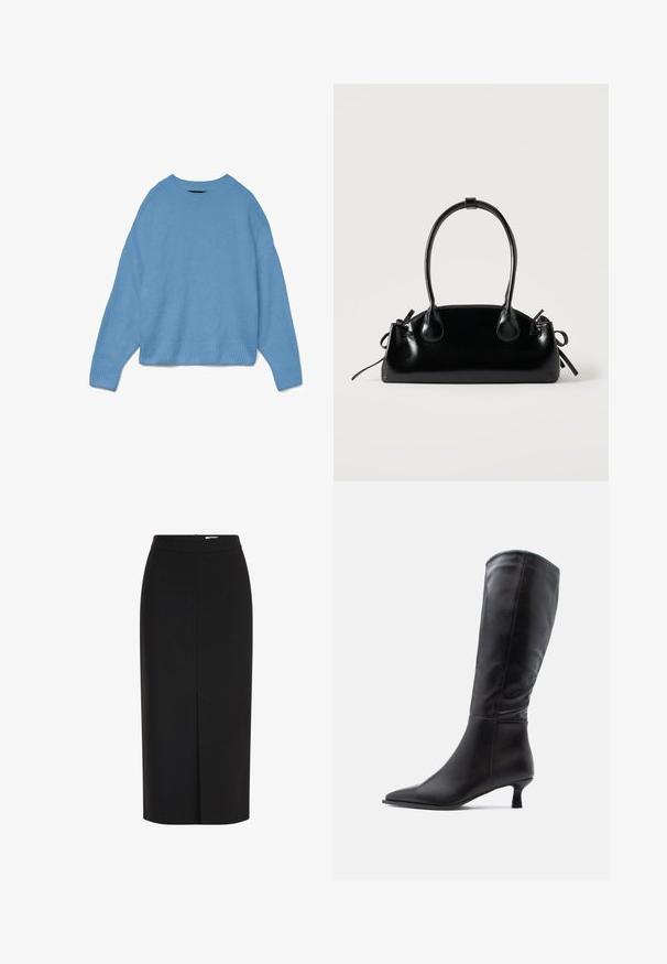 Svetlo modrý pletený sveter s okrúhlym výstrihom, dizajnom so spustenými ramenami a rebrovanými manžetami a lemom. Jemná textúra, voľný strih.; Čierna midi ceruzková sukňa s vysokým pásom, predným rozparkom a skrytým zipsom na bielom pozadí.; Čierna kožená čižma po kolená s špicatou špičkou a úzkym podpätkom. Hladká textúra s priliehavým dizajnom holennej časti a minimálnym kovovým príslušenstvom.; Malá čierna lesklá kabelka s dvoma dlhými rúčkami a bočnými šnúrkovými detailmi na jednoduchom svetlom pozadí.
