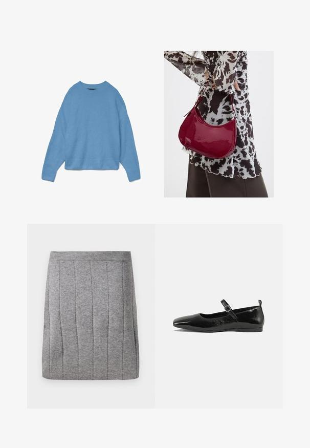 Pull en tricot bleu clair avec un col rond, des épaules tombantes et des poignets et un ourlet côtelés. Texture douce, coupe décontractée.; Object OBJTHESS - Minijupe - medium grey; Chaussure plate en cuir verni noir avec un bout pointu, une sangle de cheville avec boucles, et une texture lisse et brillante. Talon bas pour le confort.; Femme portant un chemisier à motif noir et blanc tenant un sac à main rouge brillant sur un fond uni.