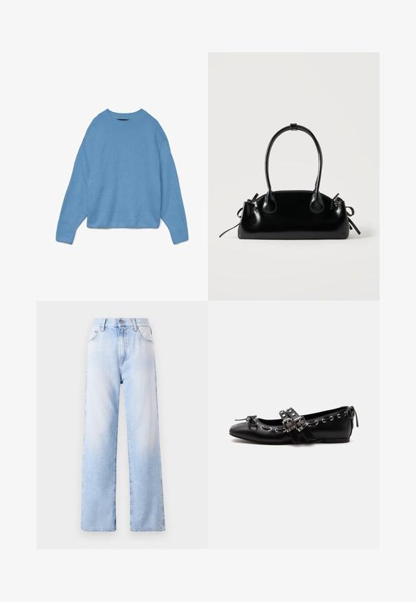 Lichtblauwe gebreide trui met een ronde halslijn, een drop shoulder ontwerp en geribbelde manchetten en onderrand. Zachte textuur, ontspannen pasvorm.; Lichtblauwe denim jeans met een hoge tailleband, brede rechte pijpen en subtiele vervaging. Beschikt over een knoopsluiting aan de voorkant en vijf zakken.; Zwarte platte balletschoen met dubbele gespsluitingen, zilveren oogjes en een klein strikje nabij de afgeronde neus op een witte achtergrond.; Kleine zwarte glanzende handtas met twee lange hengsels en zijkant trekkoord details op een effen lichte achtergrond.
