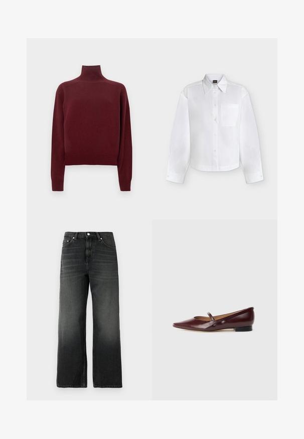 Vinrød rullekravesweater med lange ærmer, strikket tekstur og ribbet detalje ved manchetter og kant. Klassisk, tætsiddende pasform.; Hvid skjorte med langærmet, knapper, spidst krave og brystlomme, vist på en ensartet lys baggrund.; Sorte denim jeans med en afslappet pasform, lige ben design, falmet tekstur, fem-lomme stil og sølvknaplukning i taljen.; Burgundyrød patenteret lædersko med spids tå og en dekorativ rem over vristen. Har en lav sort hæl.