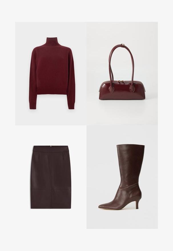 Vinrød rullekravesweater med lange ærmer, strikket tekstur og ribbet detalje ved manchetter og kant. Klassisk, tætsiddende pasform.; Bordeaux læderblyantnederdel med en glat tekstur, der har frontfald og en skjult lynlås bagpå til lukning.; Brune faux læder ankelstøvle med spids tå, tekstureret slangeprint og en 5 cm hæl, der har et slankt og strømlinet design.; Bordeaux læder skuldertaske med en buet form, dobbelt håndtag, lynlås lukning og subtile sømdetaljer. Glat, højglans finish.