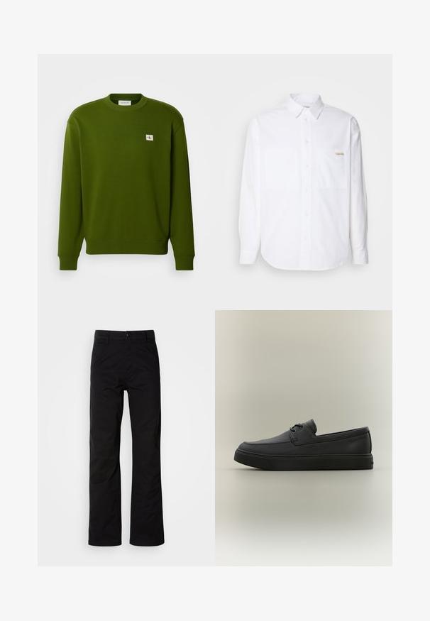 Grøn bomulds sweatshirts med rund hals, ribbede manchetter og kant. Har et lille broderet logo i den øverste venstre hjørne.; Hvid langærmet skjorte med knaplukning, lavet af bomuld. Har to brystlommer, en buet kant og et lille guldlogo på venstre lomme.; Sort bomuldsbukser med lige ben, der har knaplukning og bæltestropper. Glat tekstur og minimalistisk stil uden synlige mønstre.; Sort afslappet læderloafer med snøredetaljer og tyk gummisål, vist fra siden på en neutral baggrund.