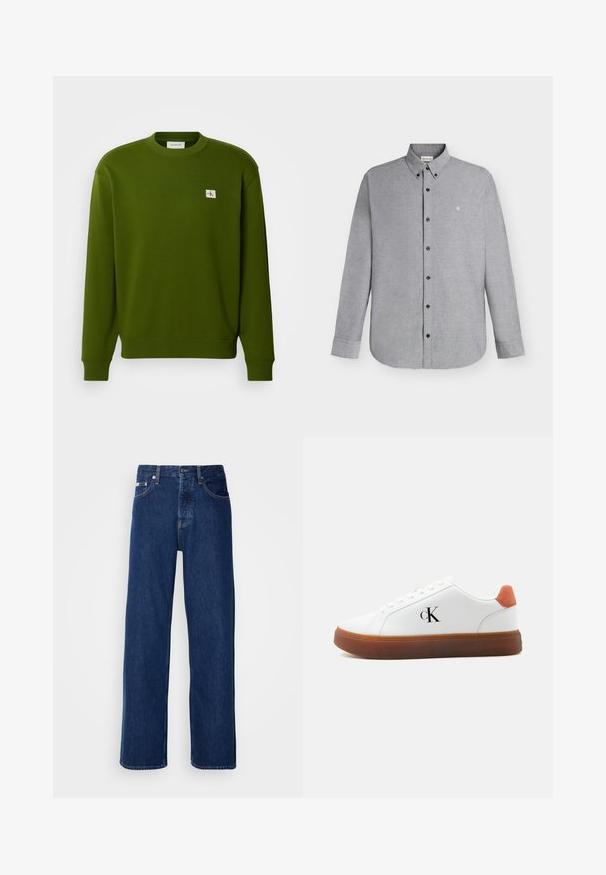 Groene katoenen sweatshirt met ronde hals, geribbelde boorden en onderrand. Bevat een klein geborduurd logo in de linkerbovenhoek.; Lichtgrijs overhemd met lange mouwen, knopen aan de voorkant en een button-down kraag, met klein "cK"-logo geborduurd op de linkerborst.; Donkerblauwe denim jeans met een wijdbeen ontwerp, voorzien van een knoopsluiting en klassieke vijf-pocket styling. De stof heeft een gladde textuur.; Witte lage sneaker met bruine zool, oranje hieltab, veters en "cK" logo aan de zijkant.
