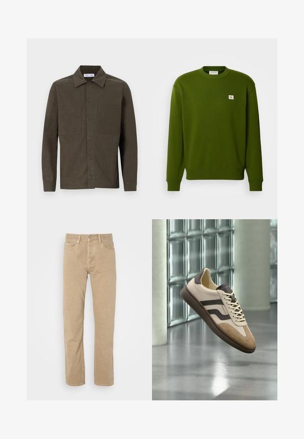 Grøn bomulds sweatshirts med rund hals, ribbede manchetter og kant. Har et lille broderet logo i den øverste venstre hjørne.; Mørkegrøn, langærmet skjorte lavet af glat stof, med spidse kraver, frontknapper og to brystlommer.; Beige bomuldsbukser med lige ben, der har forlommer, knaplukning og diskrete syninger langs sømmene.; Beige og brun afslappet sneaker med ruskindstå, mærket sidestribe og snørebånd, svævende indendørs på poleret betongulv.