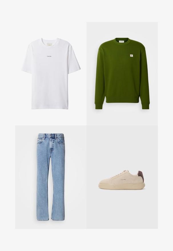 Grøn bomulds sweatshirts med rund hals, ribbede manchetter og kant. Har et lille broderet logo i den øverste venstre hjørne.; Hvid bomuld t-shirt med rund hals og korte ærmer. Har en lille sort "Calvin Klein"-logo centreret på brystet.; Lyseblå denimjeans med lige ben design, fem lommer og knaplukning. Syninger nær lommer og talje.; Beige ruskind sneakers med rund tå, snørret foran og en brun ruskindsdetalje på hælen. Har en tekstureret gummisål.