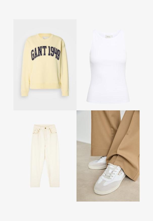 Gul sweatshirt lavet af bomuld med lange ærmer og rund hals. Har et navyblåt "GANT 1949" tryk på tværs af brystet.; Hvid ribbet tanktop med rund halsudskæring og uden ærmer. Strækbart stof og tætsiddende design. Etiketten bagpå viser "GESTUZ."; Cremefarvede denimbukser med lige ben, to foran lommer og gyldne hardware detaljer. Glat tekstur med et klassisk design.; Hvide sneakers med ruskinddetaljer, strukturerede snørebånd og gummisål. Kombineret med løse, brune bukser. Logoet er vist på siden.