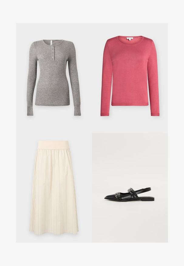 Pull à manches longues, col rond en rose uni, fabriqué dans un tissu tricoté doux avec une texture lisse. Dispose de poignets et d'un ourlet côtelé.; Chemise henley à manches longues grise en tissu côtelé, avec un col arrondi et une patte de boutonnage à trois boutons. Coupe ajustée avec des poignets sans couture.; Jupe crème plissée avec fines rayures verticales, dotée d'une ceinture élastique douce. Fabriquée en tissu léger pour le confort.; Even&Odd Ballerines à brides arrière - black