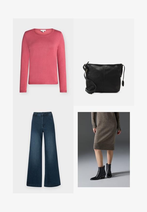 Langærmet trøje med rund hals i ensfarvet pink, lavet af et blødt strikket stof med en glat tekstur. Har ribbede manchetter og kant.; Mørkeblå høj talje brede ben denim jeans med forlommer og bæltestropper på en hvid baggrund.; Sorte læder ankelstøvler med spidse tæer, en kraftig hæl og zigzag-stikningsdetaljer, parret med en ribbet, brun strik kjole.; Sort læder crossbody taske med flad form, guld hardware detaljer og justerbar skulderrem. Glat tekstur med minimale syninger.