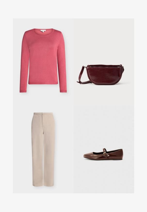 Pull à manches longues, col rond en rose uni, fabriqué dans un tissu tricoté doux avec une texture lisse. Dispose de poignets et d'un ourlet côtelé.; Pantalon beige à jambes larges en tissu texturé, avec une couture frontale et une taille simple sans ornements.; Ballerine en cuir verni marron avec un bout carré et une lanière ornée d'une petite boucle dorée. Texture lisse, talon bas et design minimaliste.; Sac à main en cuir marron foncé avec une forme en demi-lune, une fermeture éclair et une bandoulière amovible. Texture lisse avec un léger éclat.