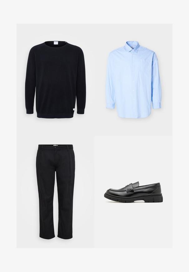 Pull en tricot noir avec un col rond et de longues manches raglan. Présente des poignets et un ourlet côtelés, un tissu texturé et une petite étiquette au niveau de l'ourlet.; Chemise à manches longues bleu clair avec col pointu et poche poitrine, présentée sur un fond blanc uni.; Jack & Jones Wide-leg Plus Size Wide Leg Fit - Pantalon classique - black; Mocassin en cuir noir avec une large sangle sur le devant, semelle en caoutchouc à épaisse rainure, et texture lisse. Design classique et élégant.