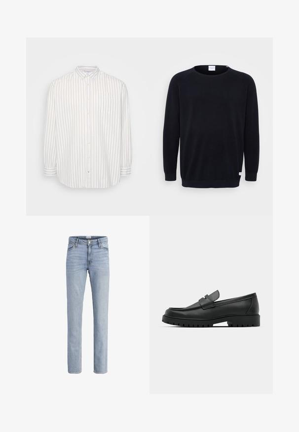 Zwart gebreid sweater met een ronde halslijn en lange raglanmouwen. Heeft ribgebreide boorden en zoom, textuurstof en een klein label aan de zoom.; Gestreepte overhemden in wit en lichtbeige, lange mouwen, zak op de linkerborst, klassieke kraag, lichtgewicht stof.; Lichtblauwe rechte spijkerbroek met voorzakken, riemlussen, knoopsluiting en subtiele vervaagde details.; Zwarte leren instappers met een ronde neus, voorzien van een gestikt ontwerp, een lage platformzool en een gestructureerde, grof rubberen buitenzool.