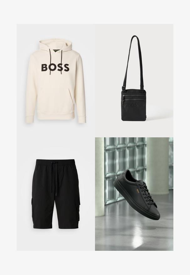 Sudadera color crema con el texto "BOSS" en negro en el pecho, cordones negros y un bolsillo canguro en la parte frontal.; Pantalones cortos cargo negros hechos de tejido ligero, con una cinturilla elástica, cordón y bolsillos laterales cargo para almacenamiento adicional.; Zapatilla baja de piel negra con cordones negros y logo dorado BOSS en el lateral, flotando sobre un suelo gris brillante en un espacio interior moderno.; Bolso bandolera negro con dos bolsillos frontales con cremallera y logotipo en relieve "BOSS", con correa de hombro ajustable.