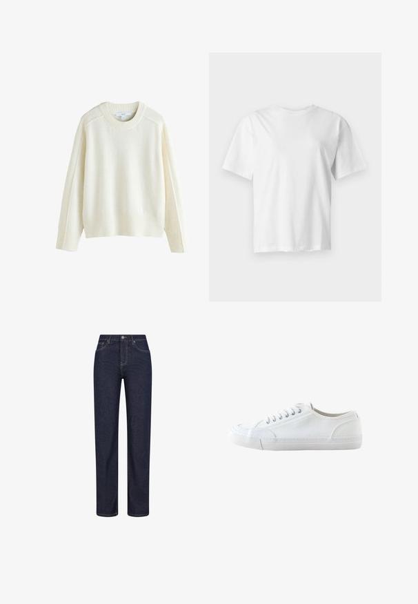 Next CREW NECK - Trui - ecru; Effen wit T-shirt met korte mouwen en ronde hals, plat weergegeven op een lichtgrijze achtergrond.; Donkerblauwe jeans met rechte pijpen, voorzakken, riemlussen en een knoopsluiting in de taille.; Witte lage canvas sneaker met witte veters en rubberen zool, gezien van opzij op een witte achtergrond.
