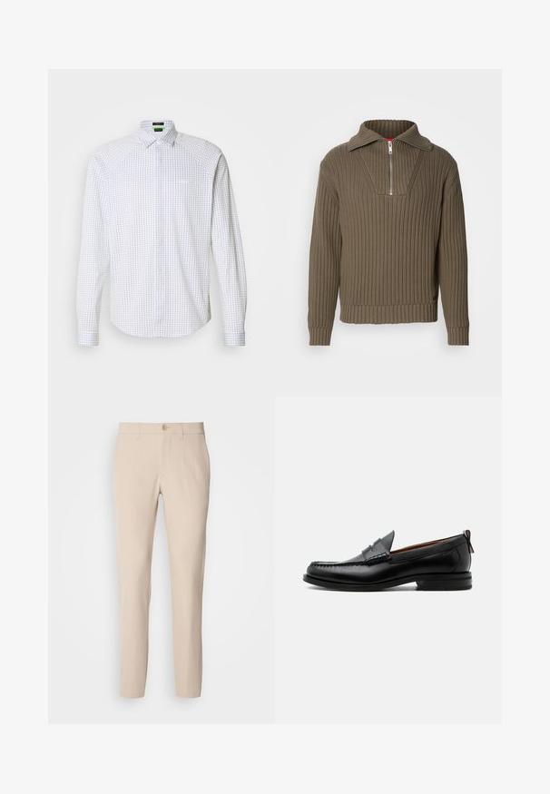 Brun ribbet pullover med en halvdelt lynlås og en bred krave. Har et tekstureret stof og en let cropped hel. Simpelt design.; Langærmet skjorte i hvid med et blåt rutenet mønster. Har en klassisk krave og en brystlomme. Glat stof med en struktureret pasform.; Beige bukser lavet af blødt stof, med knaplukning, lige snit og sidelommer. Glat tekstur med minimale syninger.; Sort læder herre loafer med moc-tå syning, penny strop, struktureret krave og lav stablet hæl på hvid baggrund.
