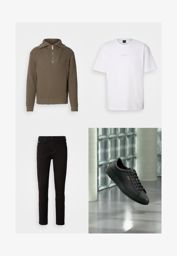 Pull en maille marron avec un zip moitié et un col large. Présente un tissu texturé et une coupe légèrement raccourcie. Design simpliste.; T-shirt en coton blanc à manches courtes, col rond, avec un logo « BOSS » en relief sur la poitrine. Texture lisse, coupe standard.; Jeans en denim noir avec une coupe droite, une fermeture éclair et un design à cinq poches. Le tissu a une texture lisse sans motifs visibles.; Baskets basses en cuir noir avec lacets noirs et logo BOSS doré sur le côté, flottant au-dessus d’un sol gris brillant dans un espace intérieur moderne.