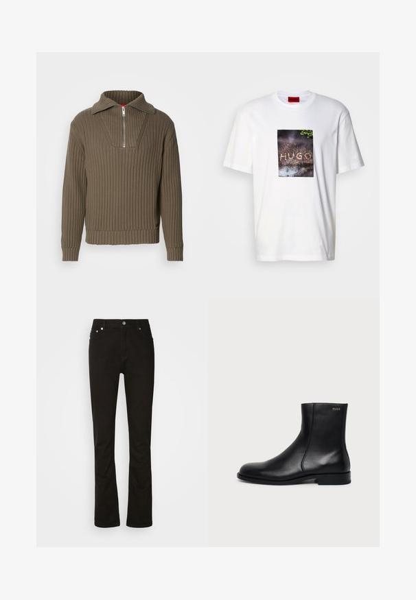 Pull en maille marron avec un zip moitié et un col large. Présente un tissu texturé et une coupe légèrement raccourcie. Design simpliste.; T-shirt blanc en coton avec une impression graphique rectangulaire portant le texte « HUGO » sur une surface texturée et sombre, entourée de verdure.; Jeans en denim noir au design droit, avec poches avant, braguette zippée et accents en métal argenté. Texture lisse, sans motifs.; Bottine en cuir noir à talon bas, couture latérale et petit logo "HUGO" sur le revers supérieur sur un fond uni.