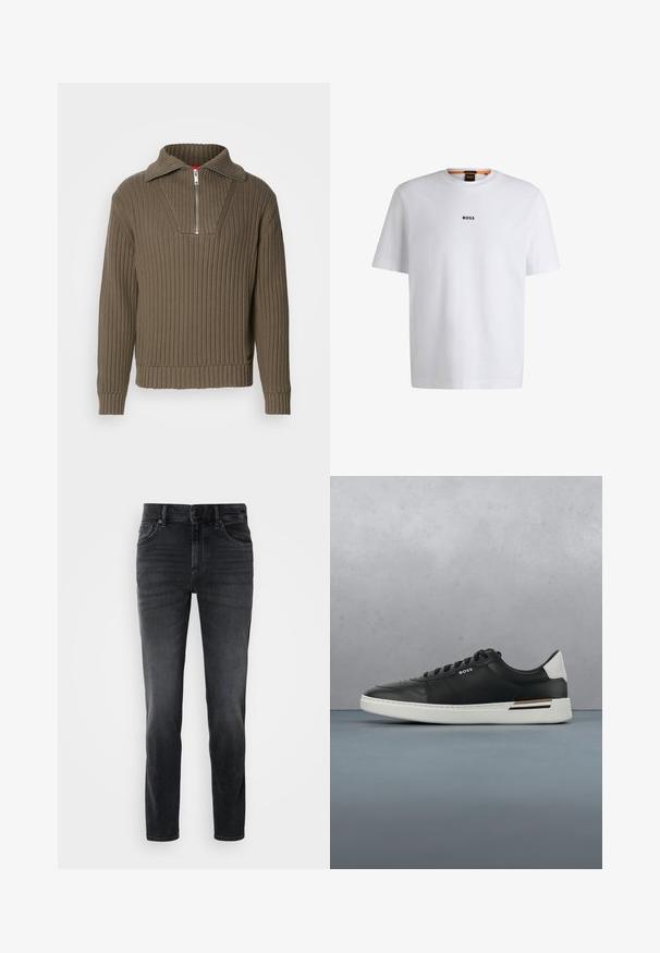 Brauner gerippter Pullover mit einem halben Reißverschluss und einem weiten Kragen. Verfügt über einen strukturierten Stoff und einen leicht verkürzten Saum. Schlichtes Design.; Weißes Baumwoll-T-Shirt mit kurzen Ärmeln, ausgestattet mit einem schwarzen "BOSS"-Logo, das mittig auf der Brust platziert ist, und einem runden Halsausschnitt.; Schwarze Jeans aus Denim mit schlanker Passform, mittelhohem Bund, klassischem Fünf-Taschen-Design und dezenten Verblassungen an den Beinen.; Schwarze Ledersneaker mit weißer Sohle, ausgestattet mit Perforationen, Schnürdesign, Logo an der Seite und kontrastierenden Fersendetails in Weiß und Braun.