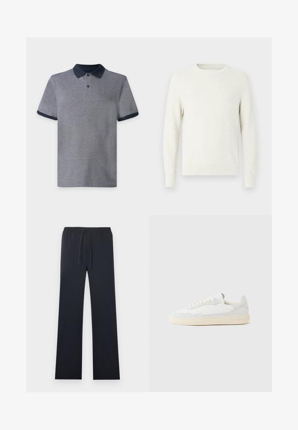 Pull en maille blanche avec un motif texturé, col rond et manches longues. Poignets et ourlet côtelés. Tissu doux avec une finition lisse.; Polo gris à manches courtes avec col et bords de manches bleu marine foncé, doté de deux boutons et d’un petit logo sur la poitrine sur un fond uni.; Pantalon noir droit avec taille élastique et cordon de serrage ajustable, doté de poches latérales à fermeture éclair.; Baskets blanches avec dessus en daim et cuir texturé. Caractérisées par un bout arrondi, une fermeture à lacets et une semelle en caoutchouc beige contrastante.