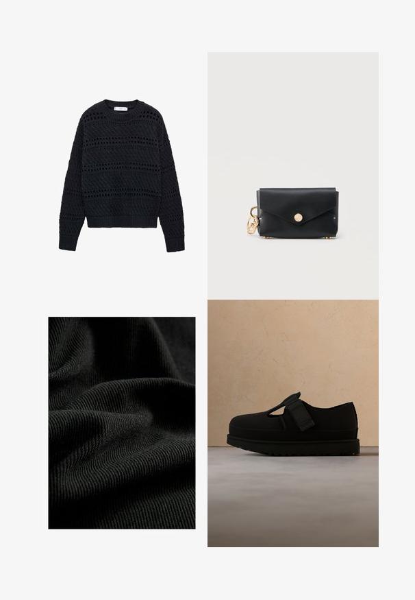 Mango MARINER - Svetrík - royal blue; Čierna rebrovaná tkanina s textúrovaným povrchom, zvýrazňujúca jemné záhyby a krivky. Materiál vyzerá ľahko a flexibilne.; Čierne nazúvacie topánky s hladkým povrchom, so zaoblenou špičkou, elastickým pásom a hrubou, vrúbkovanou podrážkou pre lepšiu priľnavosť.; Malá čierna kožená peňaženka so zlatým zapínaním na gombík a zlatým krúžkom na kľúče na bielom pozadí.