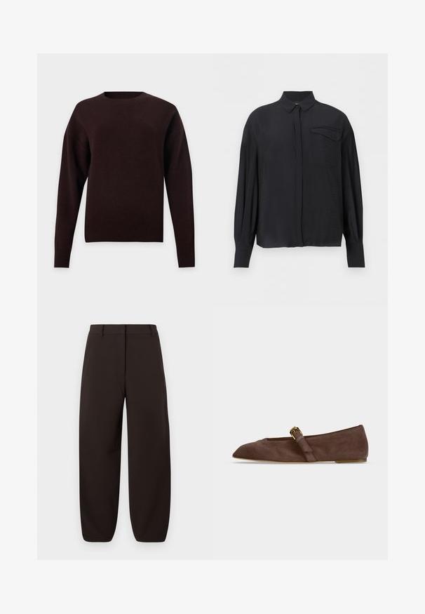 Pull marron foncé à manches longues avec col rond, poignets et ourlet côtelés sur fond clair uni.; Chemise noire à manches longues avec col et poche à rabat boutonnée sur la poitrine gauche, présentée sur un fond blanc.; Pantalons larges marron foncé en tissu lisse avec une taille plate, passants de ceinture et chevilles cintrées. Pas de motifs ni de éléments en métal visibles.; Chaussure plate en daim marron avec bout pointu et bride à boucle dorée sur le côté, vue de profil sur fond blanc.