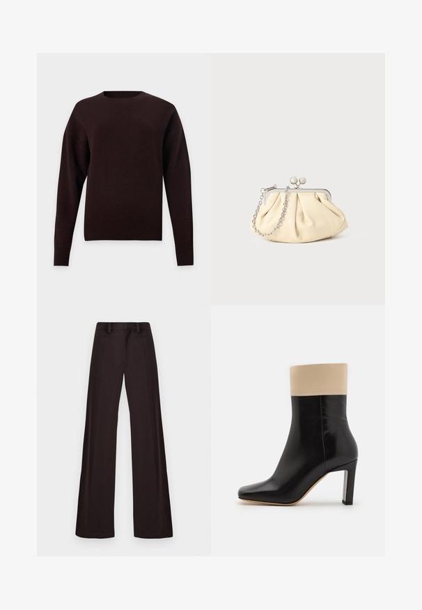 Pull marron foncé à manches longues avec col rond, poignets et ourlet côtelés sur fond clair uni.; Pantalons larges en tissu sombre, présentant une texture lisse, des passants de ceinture et un pli avant, avec un design épuré et sans ornements.; Botte chelsea noire en cuir avec un accent crème en haut, bout pointu et un talon haut avec des accents argentés. Texture lisse sans motifs visibles.; Pochette en cuir beige plissé avec un cadre en métal argenté, dotée de deux fermoirs ronds décoratifs et d'une chaîne en argent.