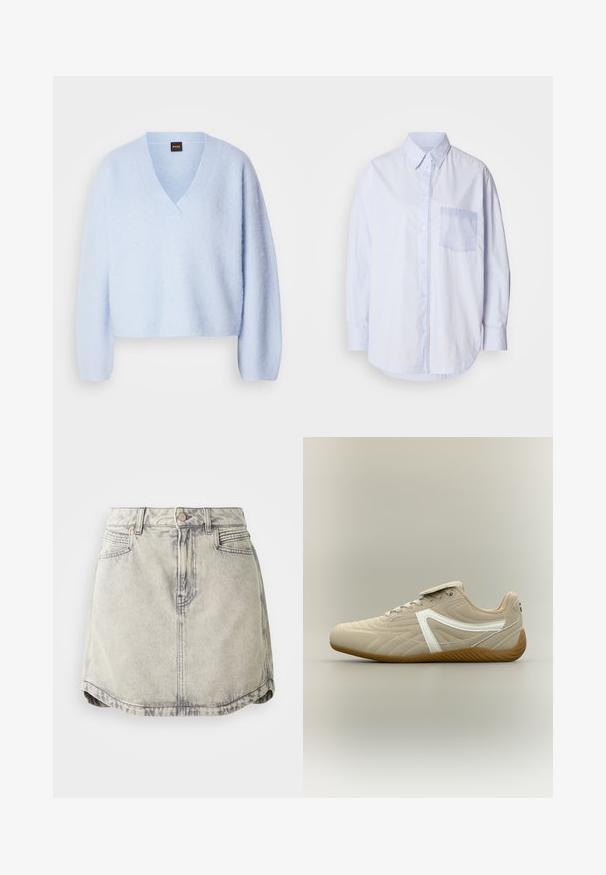 Suéter de punto azul claro, recortado, con escote en V y mangas largas, que presenta una textura suave y un detalle de costura minimalista.; Camisa azul claro de botones con mangas largas, cuello estándar y un bolsillo en el pecho izquierdo con un tejido de acento azul más claro.; Falda de denim en gris claro con textura desgastada, que cuenta con una cinturilla abotonada, bolsillos frontales y un dobladillo ligeramente curvado.; Zapatilla beige con franja lateral blanca, textura acolchada, suela de goma y cierre de cordones con una solapa que cubre los cordones.