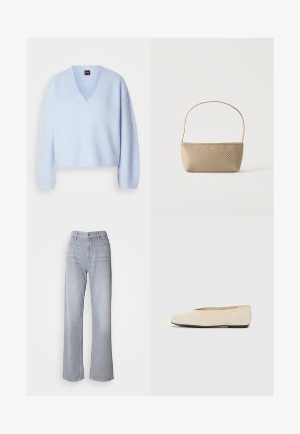 Lys blå, cropped striktrøje med v-hals og lange ærmer, der har en blød tekstur og minimal sømdetaljering.; Lys grå vidde jeans med høj talje, lavet af denim. Har forlommer, lynlås og subtil falmen over det hele.; Beige ruskind ballerina med rund tå, flad sål og minimalistisk design. Glat tekstur uden synligt hardware eller udsmykninger.; Beige flettet håndtaske med tynd skulderrem og lille guld "BOSS" logo foran, vist mod en ensfarvet hvid baggrund.