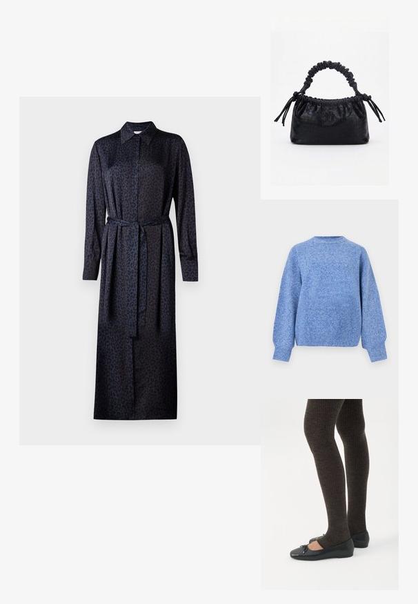 Blauwe gemêleerde trui met lange mouwen, geribbelde boorden en zoom, ronde halslijn, getoond op een witte achtergrond.; Leopardprint jurk in donkerblauw en zwart, met een kraag, lange mouwen, knoopsluiting en een bijpassende riem van stof in de taille.; Benen met donkere geribbelde leggings gecombineerd met zwarte ballerina's met kleine strikdetails op een witte achtergrond.; Zwarte handtas met krokodillenstructuur, geplooide bovenrand, samengevoerde handgreep en koordtassels aan elke kant tegen een witte achtergrond.