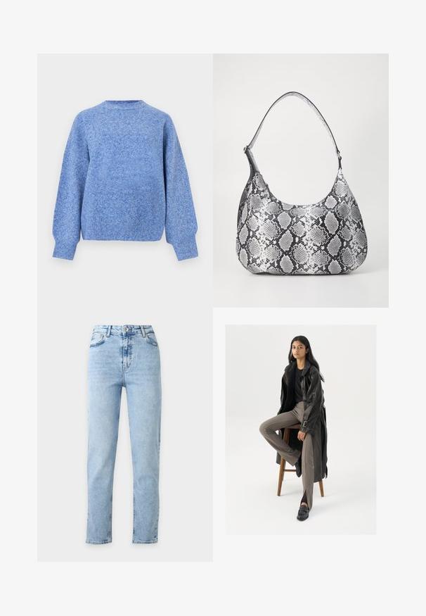 Langärmliger blau melierter Strickpullover mit gerippten Bündchen und Saum, Rundhalsausschnitt, dargestellt vor weißem Hintergrund.; Hellblaue High-Waist Straight-Leg Jeans mit Knopf- und Reißverschluss vorne, Vorder- und Gesäßtaschen, auf weißem Hintergrund dargestellt.; Schwarzer Leder-Trenchcoat mit Knöpfen und Gürtel-Detail, kombiniert mit hellbraunen, taillierten Hosen und schwarzen Slippern, sitzt auf einem Holzschemel.; Schultertasche im schwarz-weißen Schlangenprint mit runder Form, glatter Textur und gebogenem Tragegurt. Mit einem silbernen Hardware-Akzent.