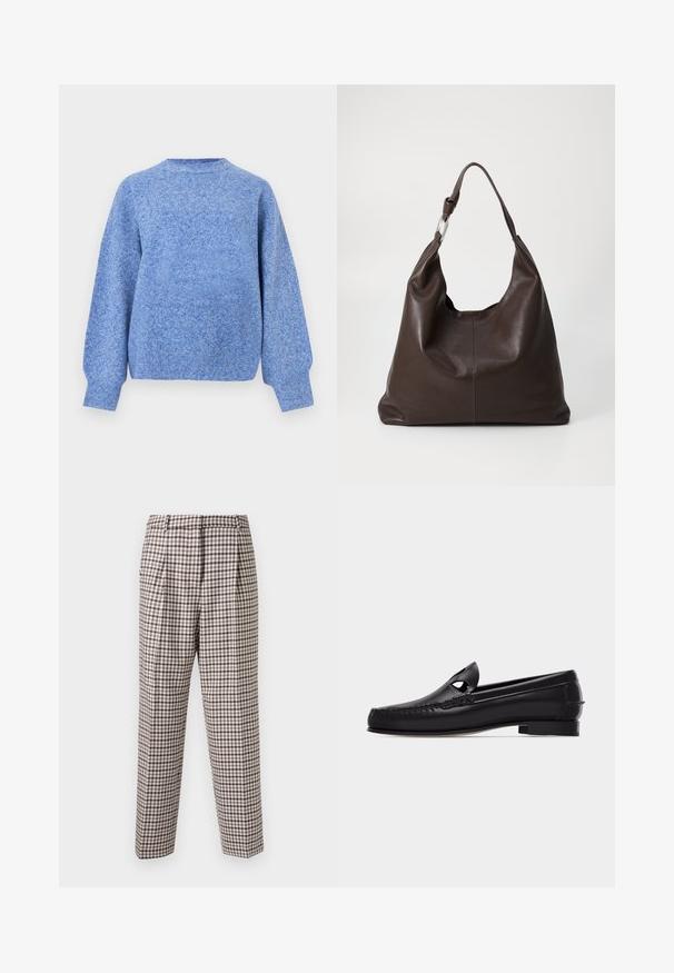 Pull en maille bleu chiné à manches longues avec poignets et ourlet côtelés, encolure ronde, présenté sur un fond blanc.; Pantalons à carreaux avec un motif quadrillé marron et blanc, devant plissé, coupe droite et texture lisse. Convient à diverses occasions.; Mocassin en cuir noir avec un bout arrondi, un détail découpé sur la tige, un bord cousu et un petit talon carré sur un fond blanc.; Zign by Zalando LEATHER - Cabas - chocolate brown