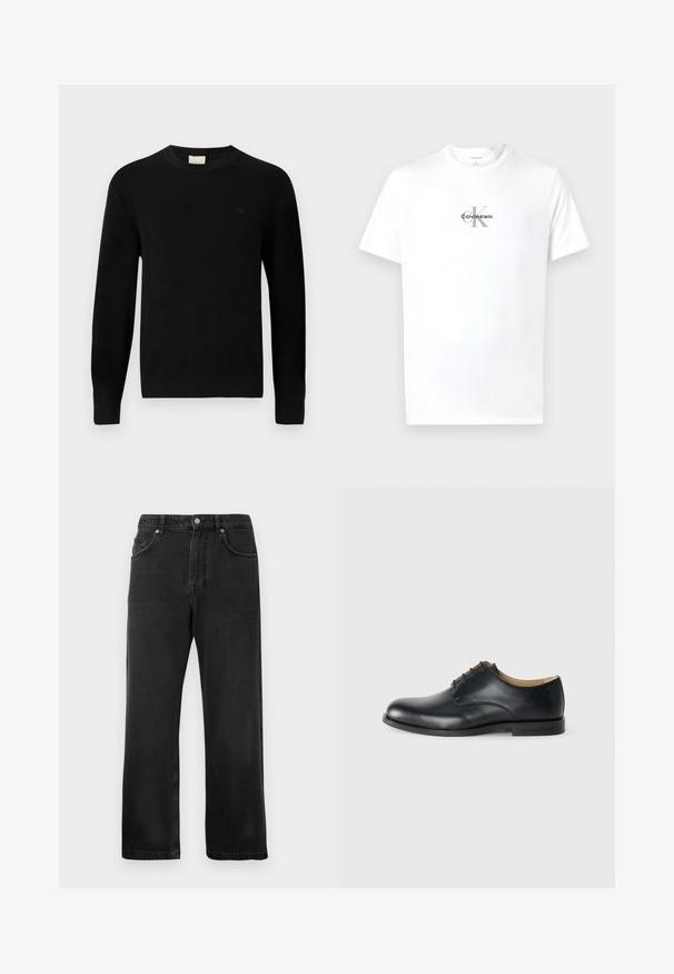 Calvin Klein Striktrøje - black; Hvid kortærmet T-shirt med rund hals, med "cK Calvin Klein" logo trykt i sort og grå centreret på brystet.; Sorte lige ben jeans med forlommer, bæltestropper og knaplukning på hvid baggrund.; Calvin Klein ESS DERBY - Snøresko - triple black