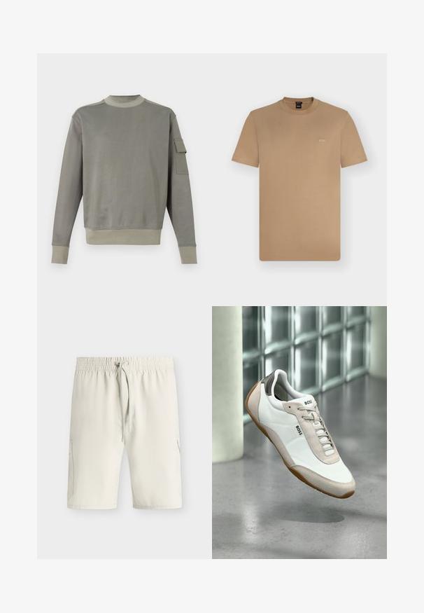 Sweat-shirt gris à manches longues, col rond et une poche sur la manche gauche. Texture douce, poignets et ourlet côtelés.; T-shirt marron clair à manches courtes et col rond avec petit logo blanc "BOSS" sur la poitrine gauche, présenté sur un fond uni clair.; Shorts beige clair longueur genou avec taille élastique et cordon, avec poches latérales et texture de tissu lisse.; Baskets BOSS blanches et beiges avec semelle marron flottant au-dessus d’un sol en béton poli devant un mur en blocs de verre.