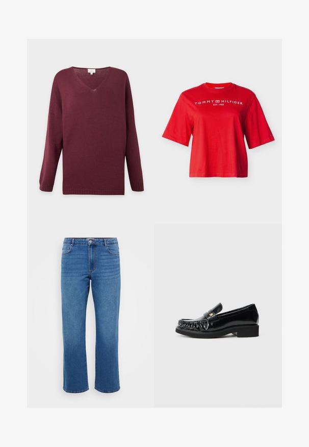 Bordeauxfarbener Pullover mit V-Ausschnitt und langen Ärmeln, mit gerippten Bündchen und Saum, auf einfachem hellgrauem Hintergrund dargestellt.; Rotes kurzärmeliges Tommy Hilfiger T-Shirt mit weißem Logo-Schriftzug und Emblem über der Brust sowie kleinem Flaggenlogo am linken Ärmel.; Blaue Jeans aus Denim mit geradem Beinansatz, ausgestattet mit einem Knopfverschluss, klassischem Fünf-Taschen-Design und subtiler, ausgewaschener Textur an den Oberschenkeln.; Schwarze Lacklederschuhe mit dekorativem gerafftem Rand, flacher Gummisohle und einem kleinen metallischen Logoschmuck auf dem Riemen.