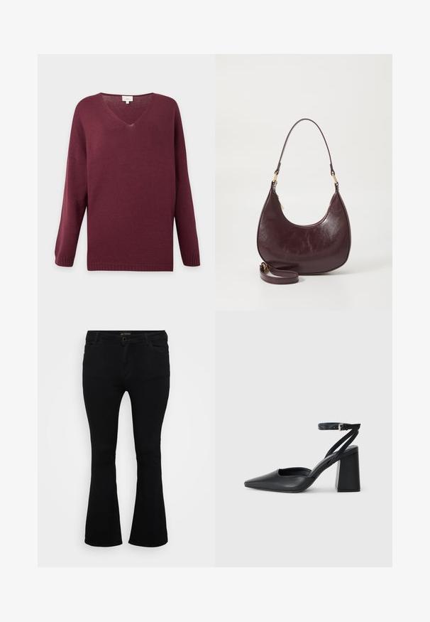 Bourgogne langærmet V-hals sweater med ribstrikkede ærmekanter og kant, vist på en plain lysegrå baggrund.; Sorte viddejeans lavet af denim, med knaplukning, fem lomme og en glat overflade. Klassisk design med flagrende kant.; Sort læder spidse pumps med ankelrem og en chunky hæl. Flad tekstur, slankt design og minimalistisk æstetik.; Bordeaux læder skuldertaske med en buet form, lynlås lukning og en aftagelig rem. Har en glat overflade og guldfarvede hardware detaljer.