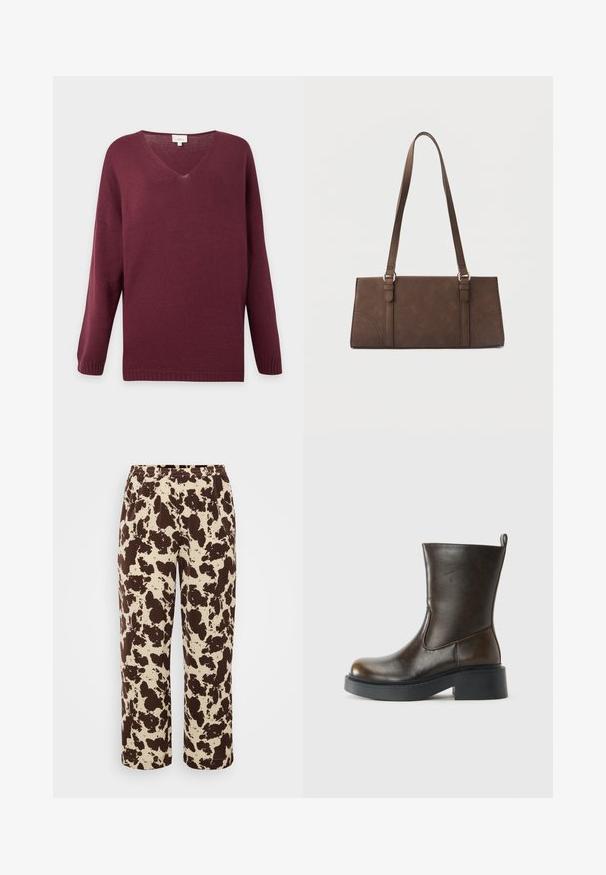 Bordeauxfarbener Pullover mit V-Ausschnitt und langen Ärmeln, mit gerippten Bündchen und Saum, auf einfachem hellgrauem Hintergrund dargestellt.; Braune und cremefarbene Sweatpants mit Muster, elastischem Bund und geradem Schnitt, hergestellt aus weichem, leichtem Stoff.; Dunkelbrauner Lederstiefel bis zur Mitte des Waden mit runder Spitze, dickem schwarzen Sohlen, niedrigem Blockabsatz und einer Zuglasche auf der Rückseite.; Braune rechteckige Schultertasche mit langen Trägern und minimalen Steppnähten vor einfarbigem Hintergrund.