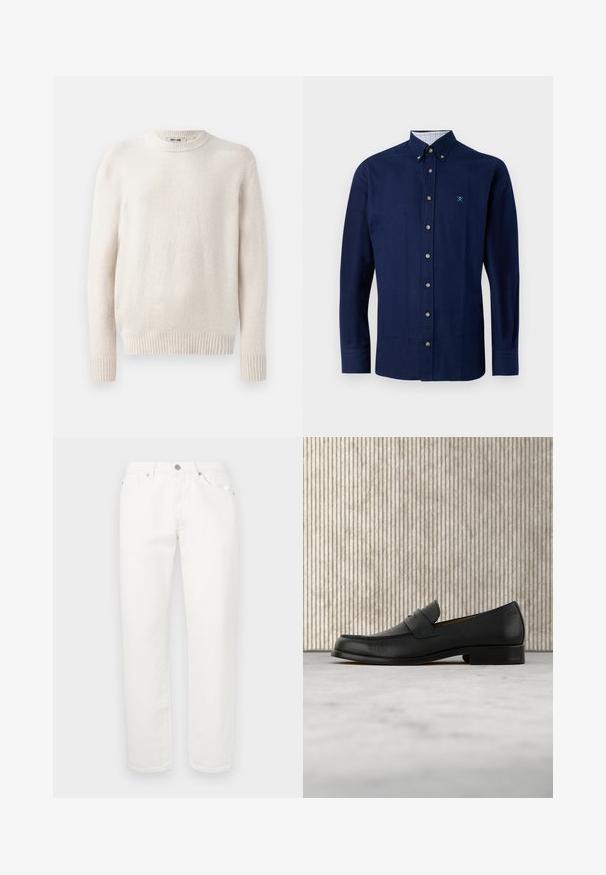 Suéter de color beige claro con cuello redondo y puños acanalados. Tejido suave y texturizado con mangas largas y un dobladillo recto. Diseño minimalista.; Camisa de algodón color azul marino con cuello botón, botones marrones y un patrón a cuadros en el interior del cuello. Presenta un sutil logo bordado.; Pantalones de mezclilla blanca con un diseño de pierna recta. Presenta un clásico diseño de cinco bolsillos, cierre de botón metálico y una ligera textura.; Zapato mocasín de cuero negro flotando sobre una alfombra beige con una mesa redonda marrón brillante al fondo.