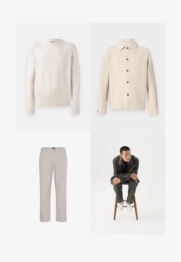 Licht beige sweater met ronde hals en geribde manchetten. Zachte textuurstof met lange mouwen en een rechte zoom. Minimalistisch design.; Beige textuur button-up jas met lange mouwen, kraag, borstzak aan de rechterkant en donkere knopen langs de voorkant en aan de manchetten.; Lichtgrijze gestreepte broek, recht gesneden ontwerp, met een enkele knoopsluiting in de taille en twee voorkanten zakken. Gladde textuur.; Jonge man in een donkere leren jas en spijkerbroek zit op een houten kruk, leunt naar voren met gekruiste armen en kijkt naar de zijkant tegen een witte achtergrond.