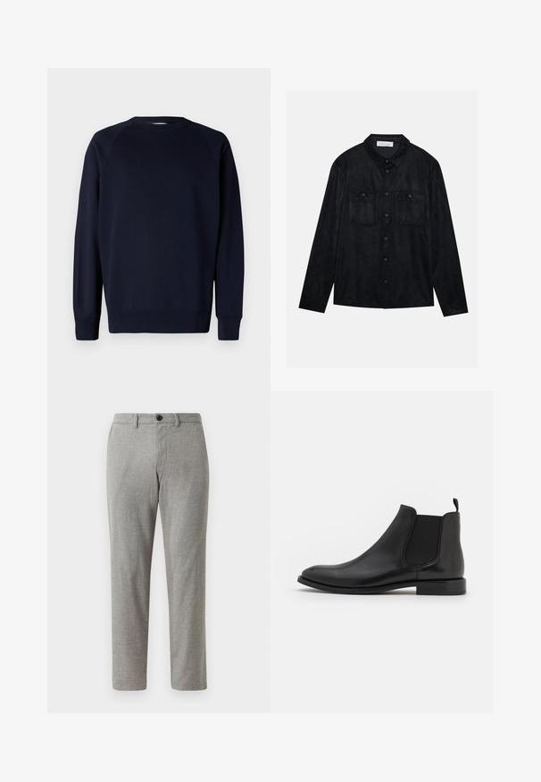 Marineblaues Sweatshirt mit langen Ärmeln, Raglanärmeln, rundem Ausschnitt, gerippten Bündchen und Saum. Glattes Baumwollmaterial, minimalistisches Design.; Schwarzes Wildlederhemd mit langen Ärmeln, Kentkragen, zwei Brusttaschen und subtiler Textur. Verfügt über passende Knöpfe und einen lockeren Schnitt.; Graue gewebte Hose mit geradem Schnitt, ausgestattet mit einem Knopfverschluss und Gürtelschlaufen; glatte Textur und leichter Stoff für legere Anlässe.; Schwarze Leder-Chelsea-Stiefel mit elastischen seitlichen Riemen, einer abgerundeten Kappe und einem niedrigen Absatz. Glatte Textur mit minimalistischer Gestaltung.